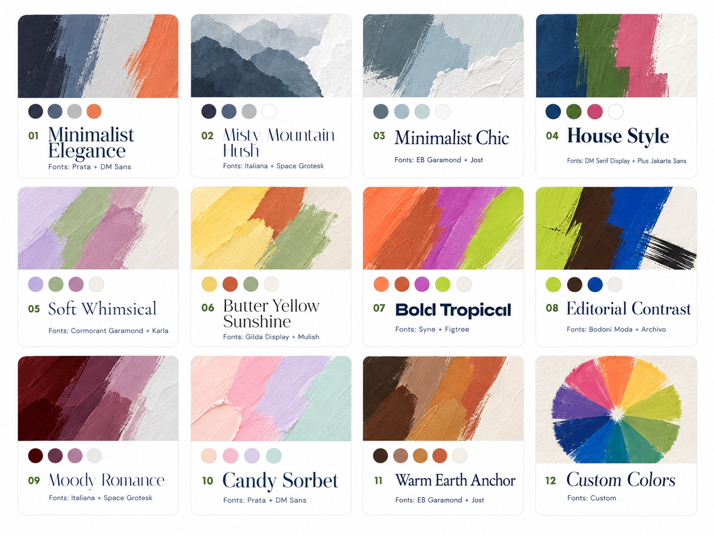 The twelve palettes: Minimalist Elegance, Misty Mountain Hush, Minimalist Chic, House Style, Soft Whimsical, Butter Yellow Sunshine, Bold Tropical, Editorial Contrast, Moody Romance, Candy Sorbet, Warm Earth Anchor, and Custom Colors.